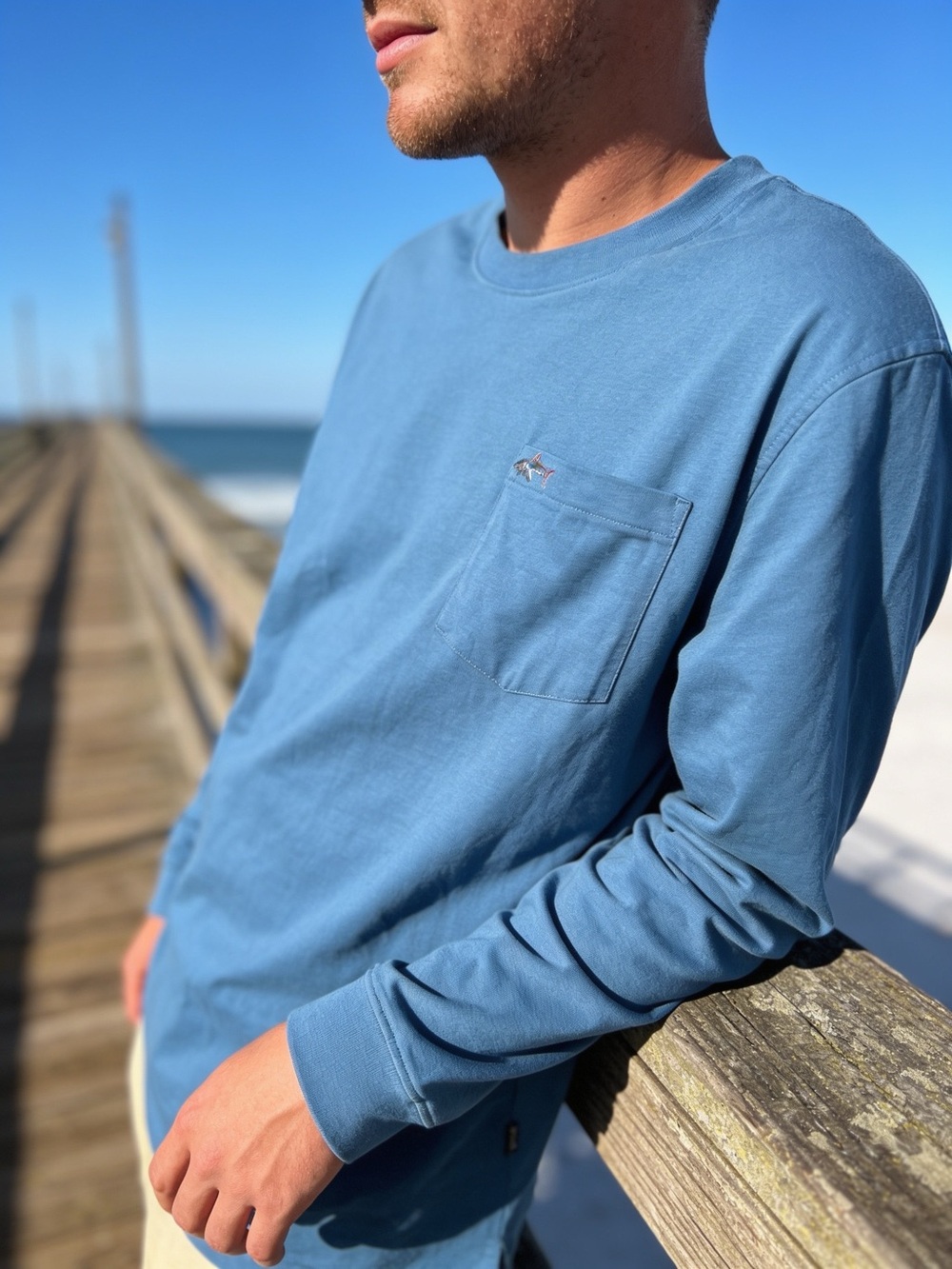 Greg Norman Collection Men's Long-Sleeve Pocket Tee in Dusty Blue